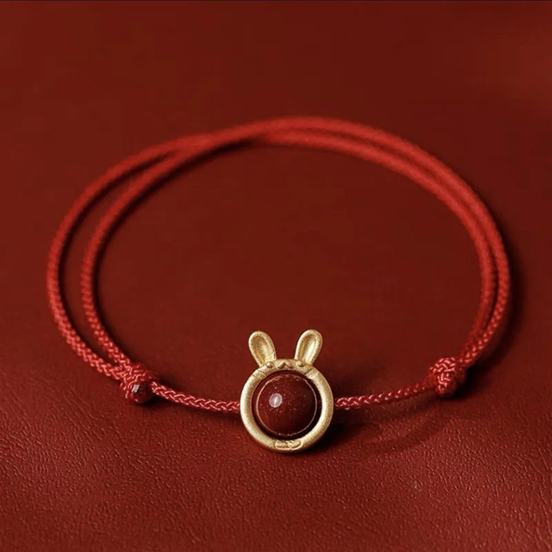 Handmade Rabbit Tiger Cinnabar Spirits Braided String Bracelet