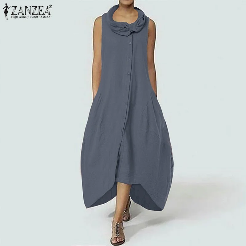 Women Sleeveless Solid Loose Mid-calf Dress 2022 ZANZEA Casual Asymmetrical Hem Party Vestidos Sarafans Fashion Summer Sundress