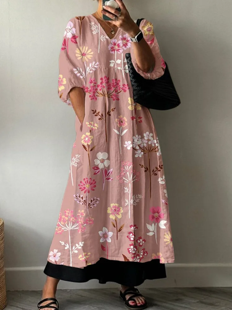 Women's Vintage Flowers Art Print Pocket V-neck Cotton Dress