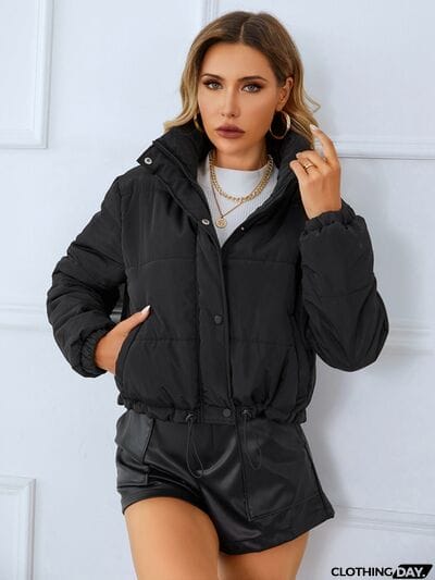 Snap and Zip Closure Drawstring Cropped Winter Coat