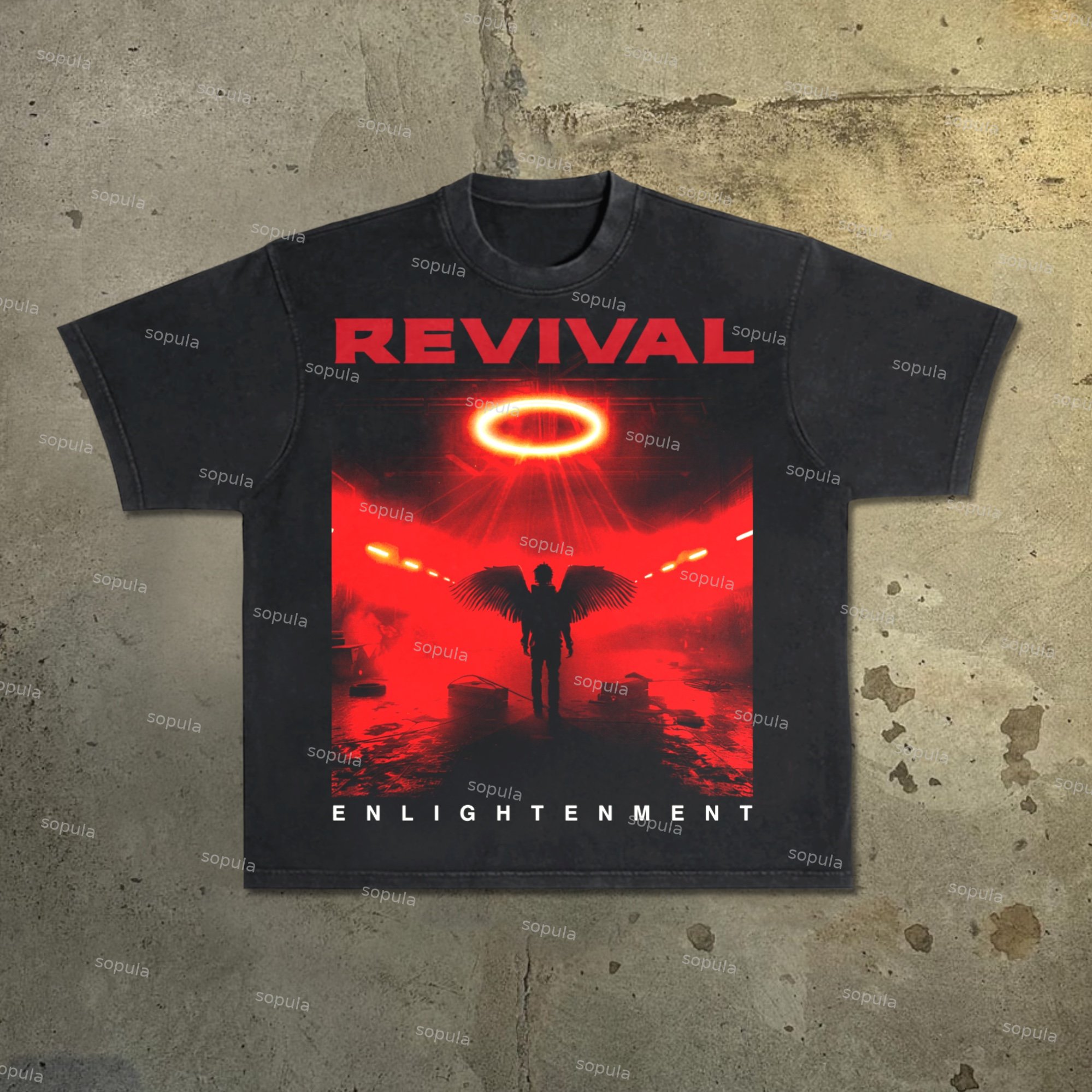 Red Factory - Reborn Angel Vintage Print Acid Washed Short Sleeve T-Shirt - Sopula｜Premium Graphic Tees & Graphic Clothing