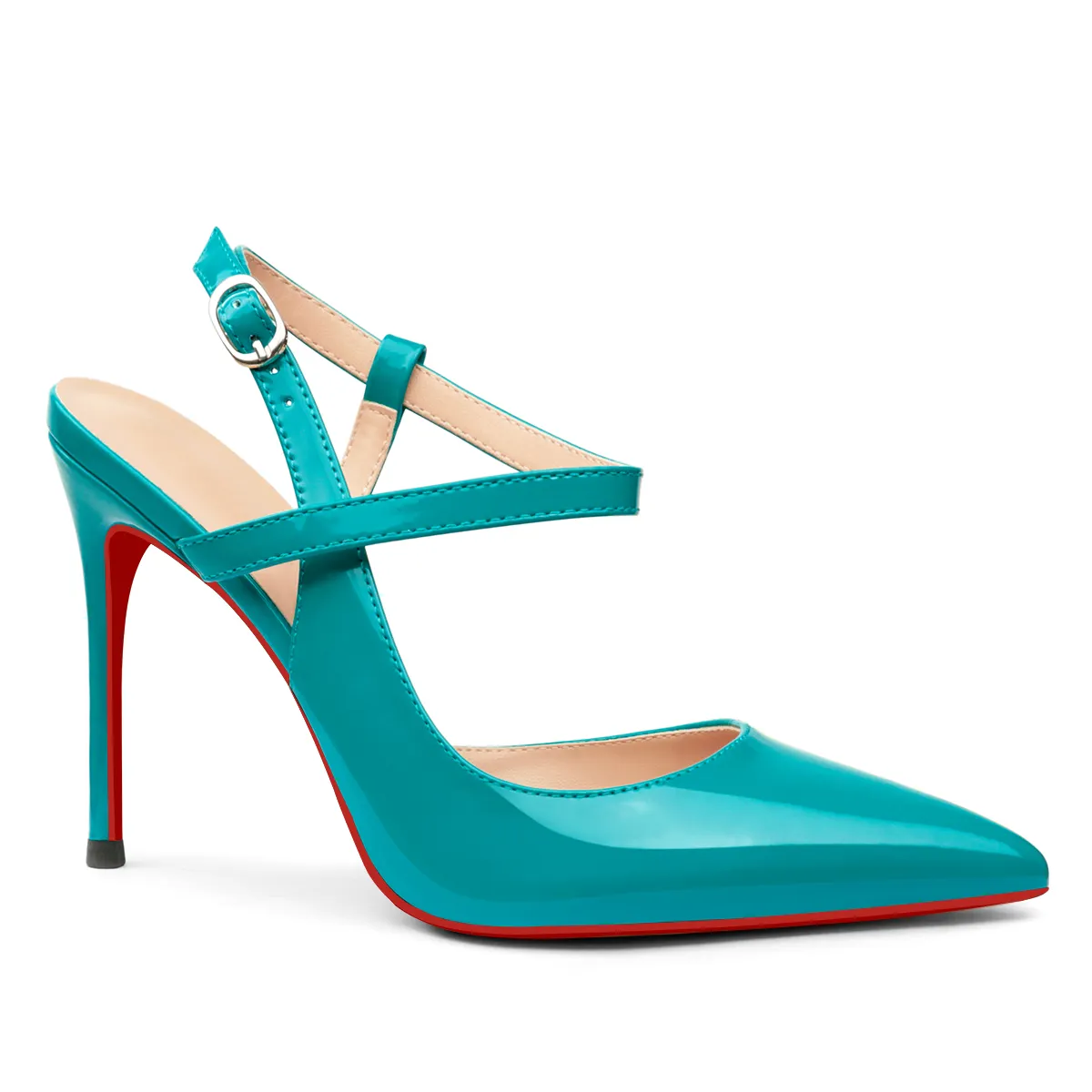 100mm Women Slingback Patent Pumps Ankle Strap Jenlove Stiletto Mid Heel Close Pointed Toe Dress Red Bottoms Shoes