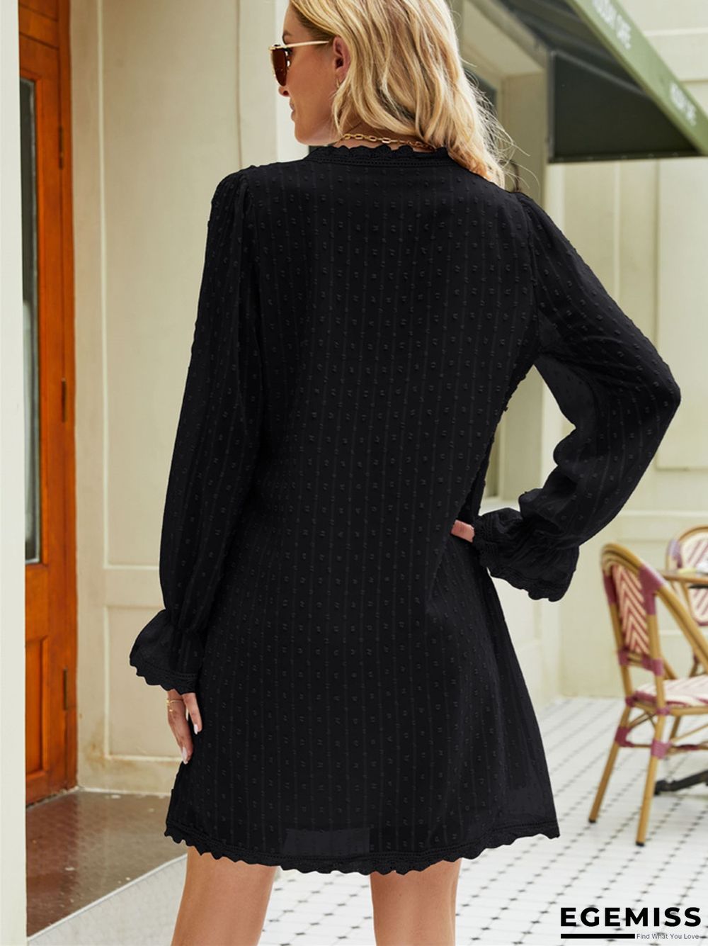 Casual Long Sleeve Solid Color Lace Chiffon V-neck Dress | EGEMISS