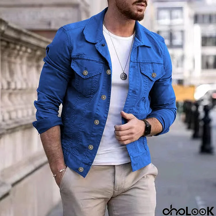 Men Fashion Casual Slim Fit Denim Jacket Multi Pocket Button Coat