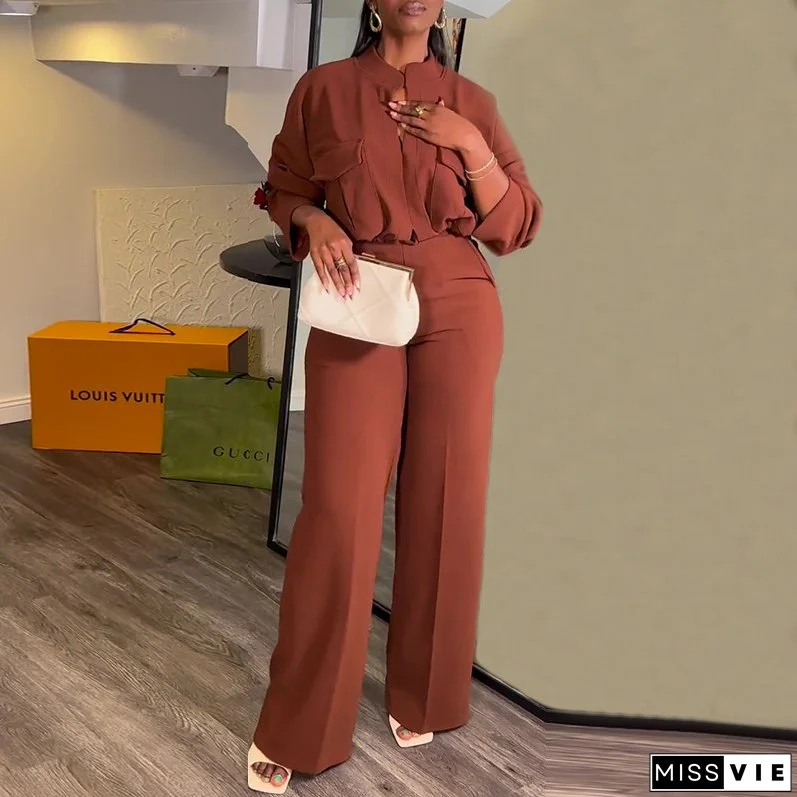 Plus Size Women Autumn Casual V-neck Loose Long Sleeve Top and Wide Leg Pants Two-piece Set