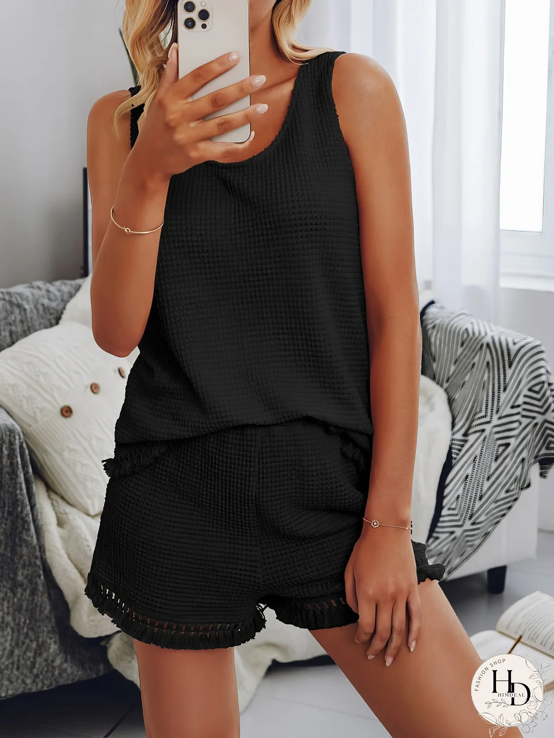 Casual Fringe Tank Top & Shorts Two Piece Set
