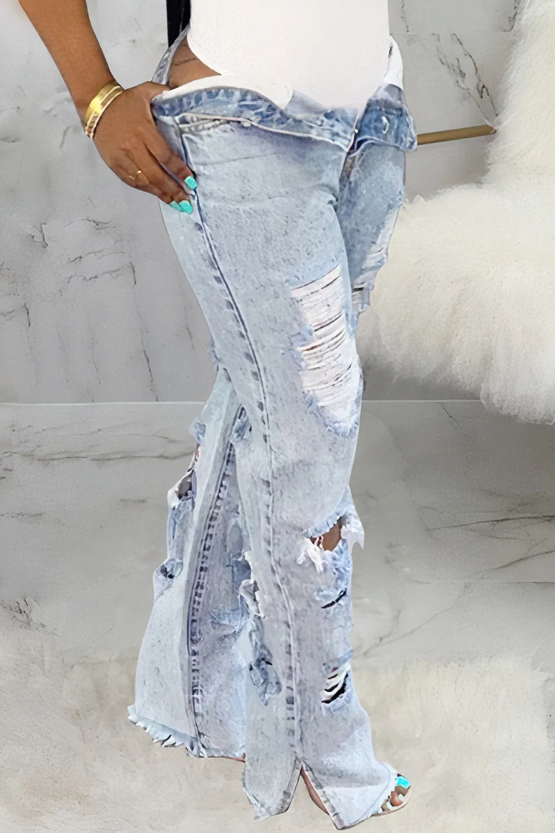Distressed Frayed Split Hem Straight Leg Jeans