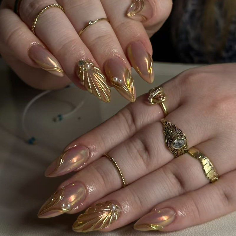 Damokan 24Pcs Simple French Nails Art Tips Fake Nails 3D Design Wearable Full Cover False Nail Mid-length Almond Reusable Press on Nails