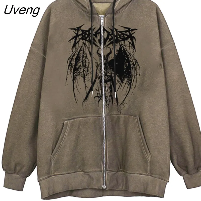Uveng Women's Hip-hop Oversized Sweatshirt Graphic Zip Up Hoodies Face Portrait Print Harajuku Punk Jacket Coat Y2K E-Girl Streetwear