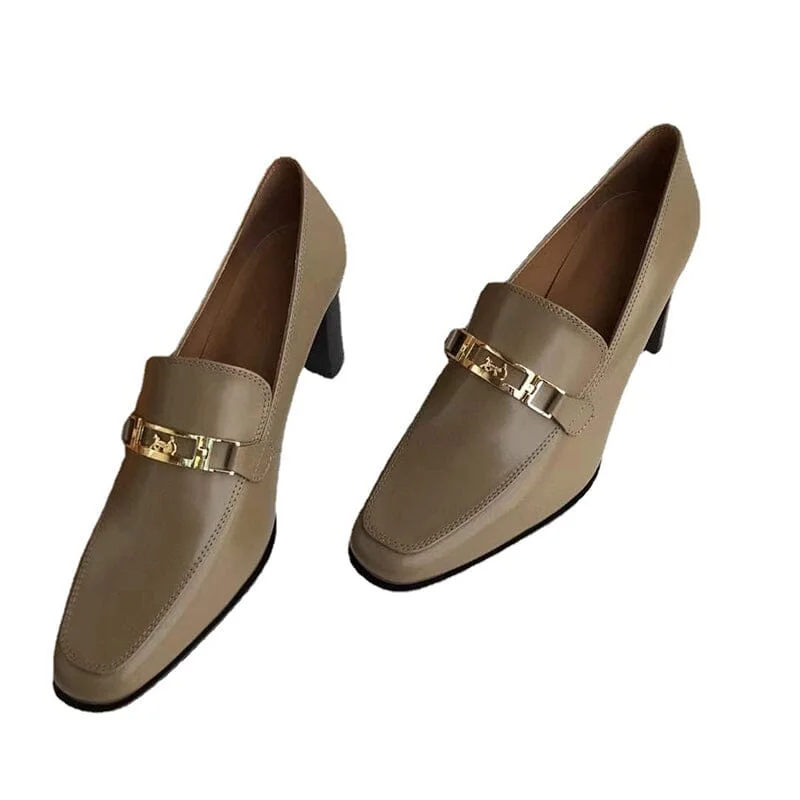 Women's Handmade Retro Square-Toe Blok-Heel Loafers