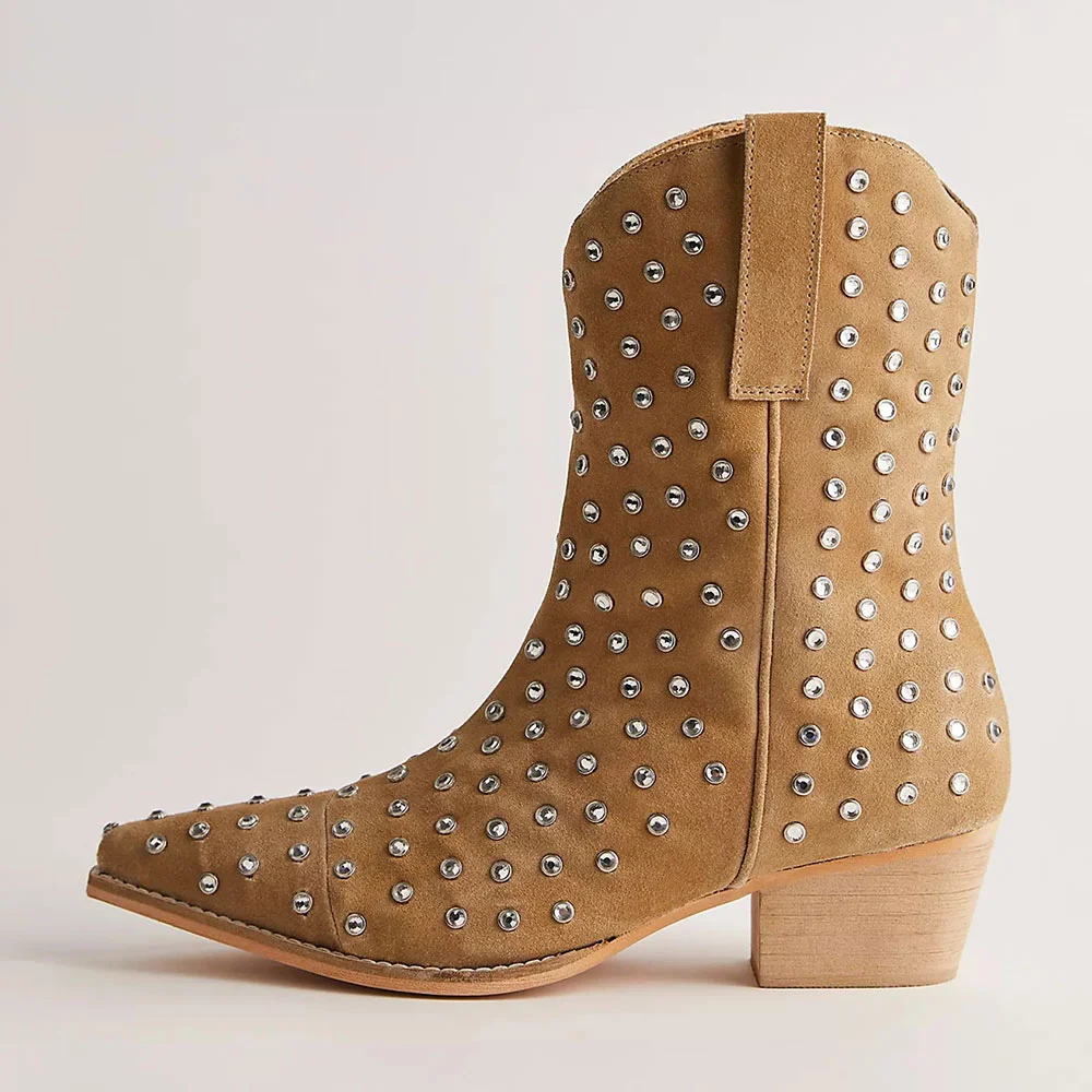 Tan Vegan Suede Pointed Toe Chunky Heel Rhinestone Cowgirl Boots
