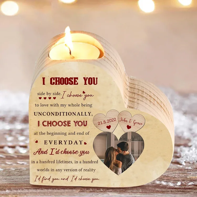 Personalized Couple Heart Candle Holder I Choose You Wooden Candlesticks Valentines Gift