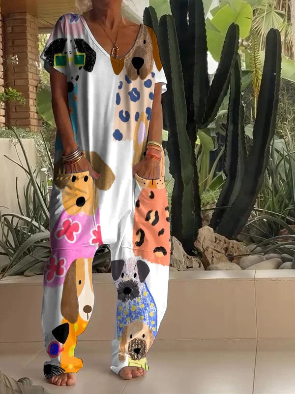 Casual Cute Cartoon Dog Print V Neck Jumpsuit