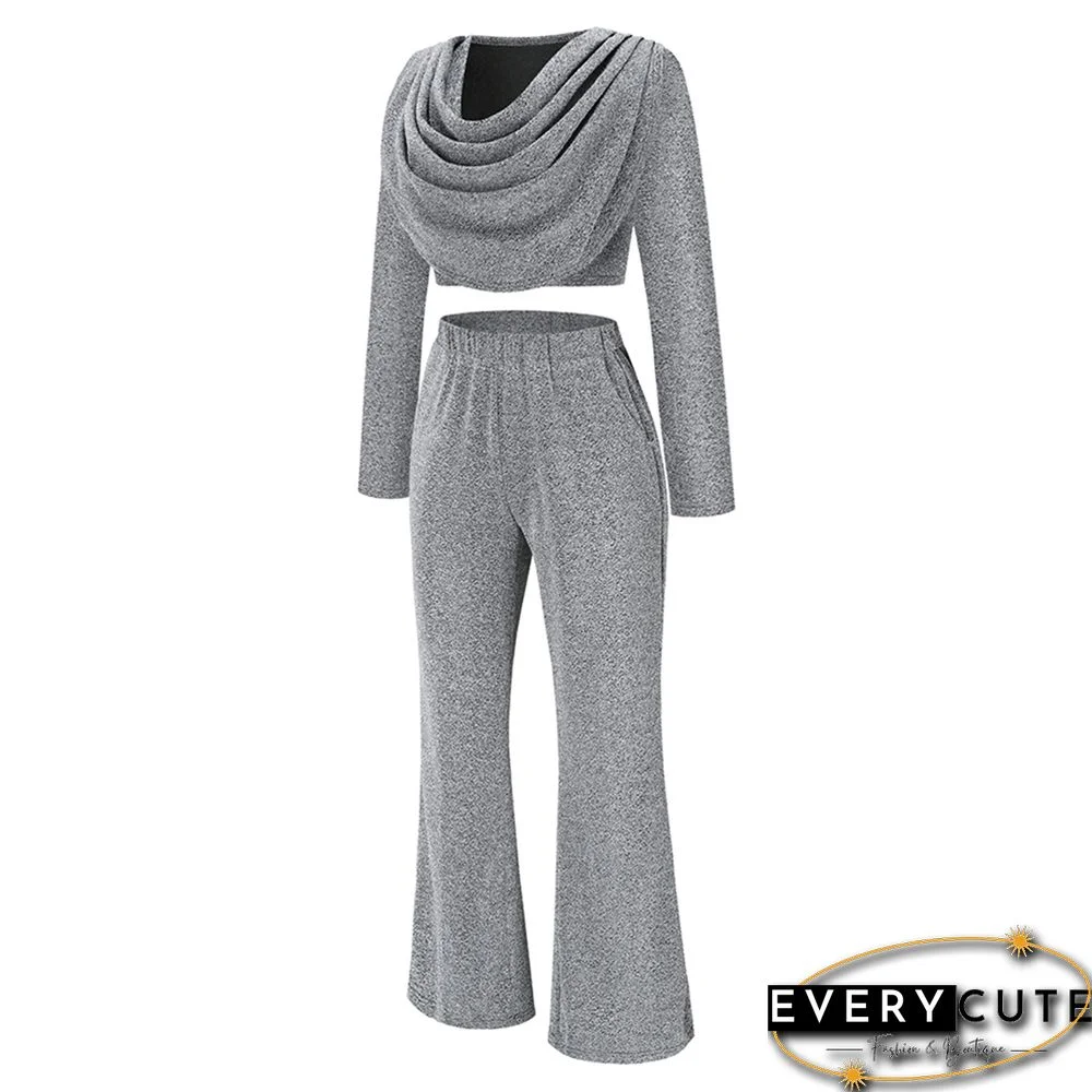 Light Gray Bronzing Long Sleeve Top with Flared Pants Set