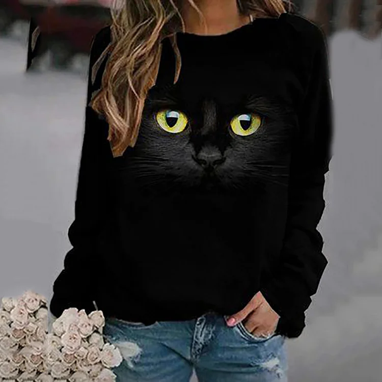 Vefave Cat Eye Print Long Sleeve Sweatshirt