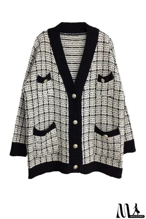 MidiSono - Pockets Button Plaid Cardigan