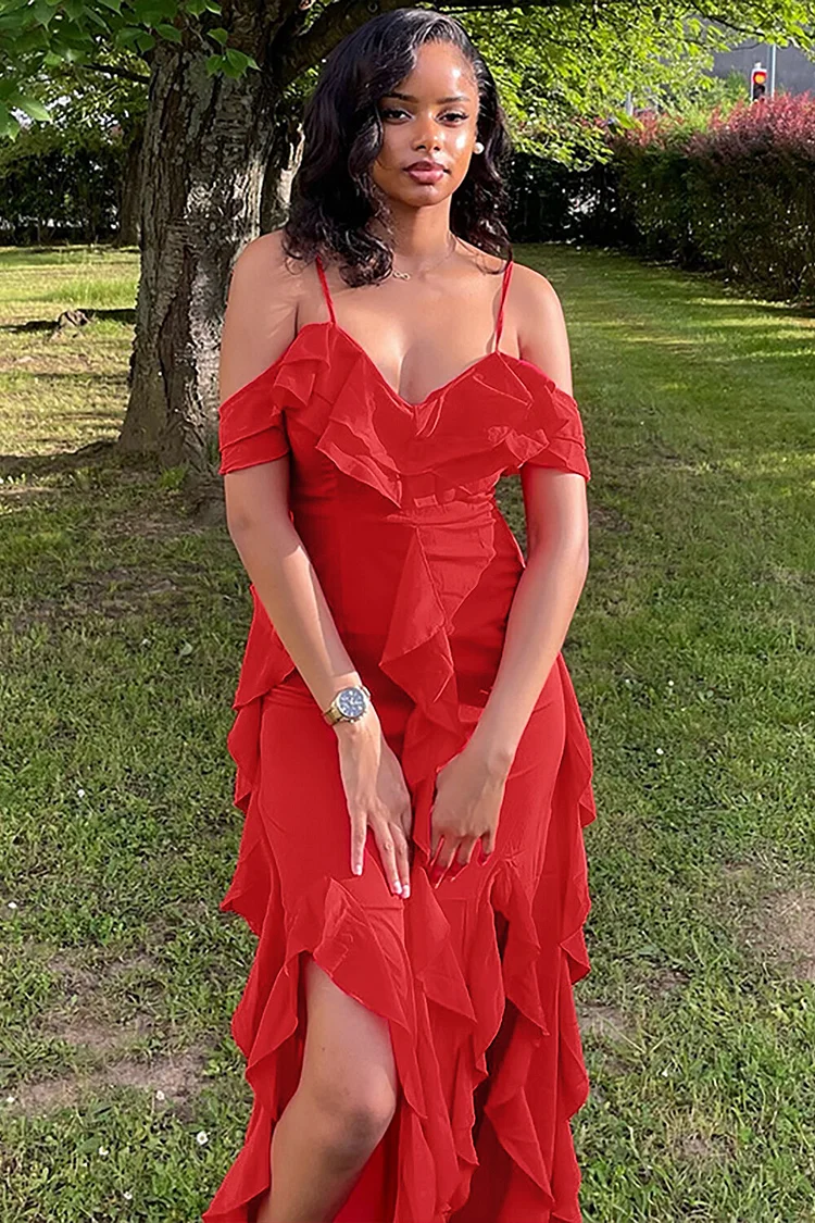 Drop Shoulder Ruffled Slim Fit Slit Cami Maxi Dresses-Red