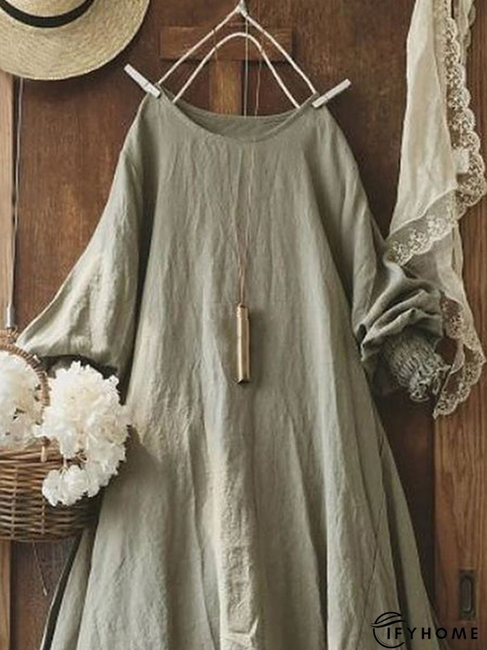 Vintage Plain Long Sleeve Casual Weaving Dress | IFYHOME