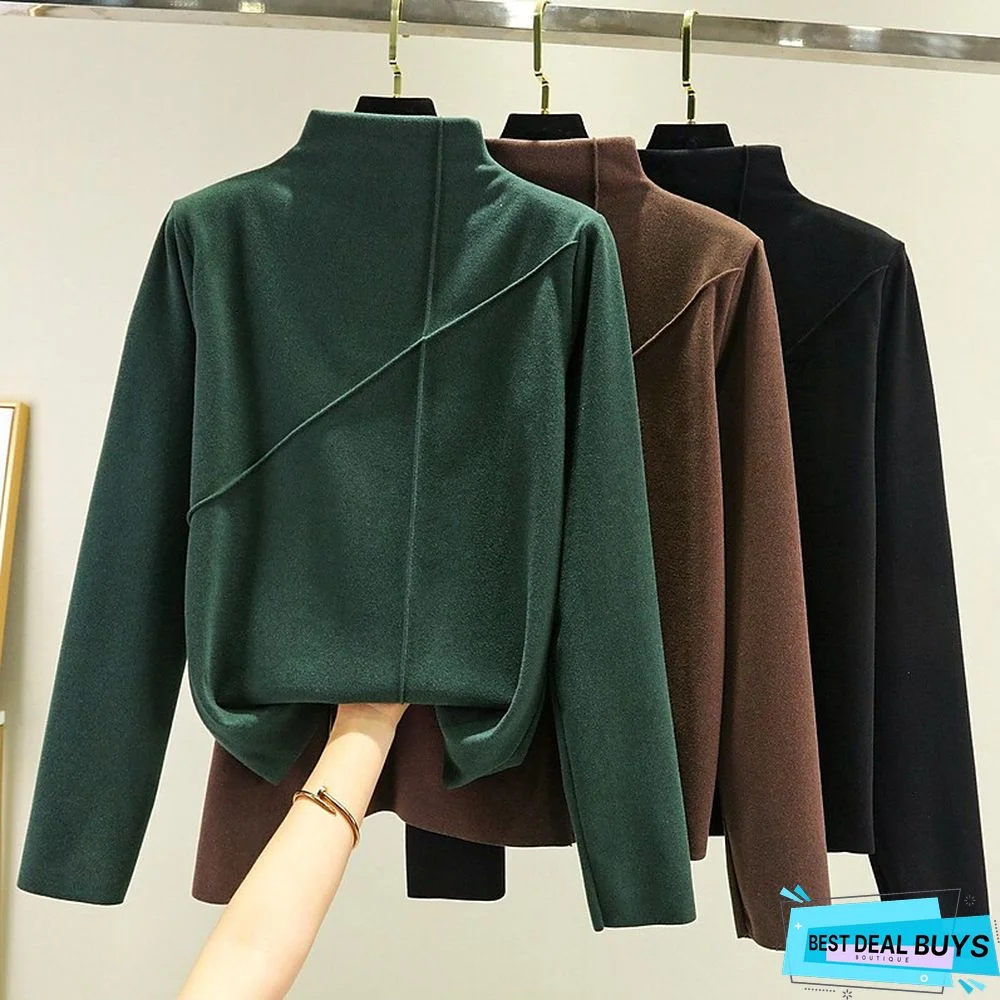 Women's T shirt Tee Light Pink dark brown A Plain Long Sleeve Daily Basic High Neck Regular Fleece lined XXL (recommended 140-160 catties)