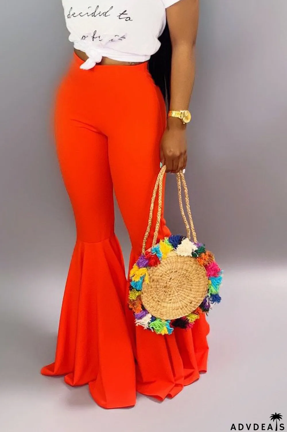 Orange venetian Elastic Fly Mid Solid Boot Cut Pants Bottoms