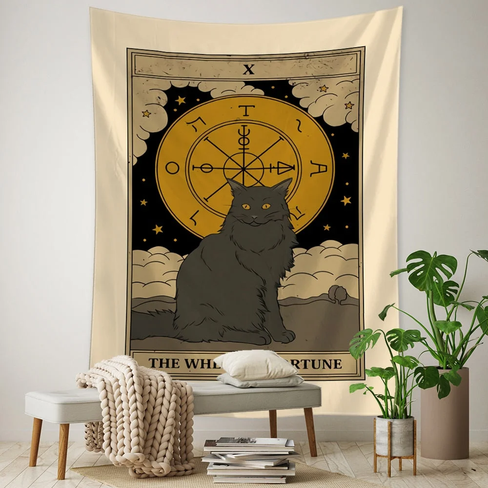 Tarot Card Tapestry Wall Hanging Bohemian Style Cat Mysterious Divination Witchcraft Beach Moon Phases Beautiful Room Decor