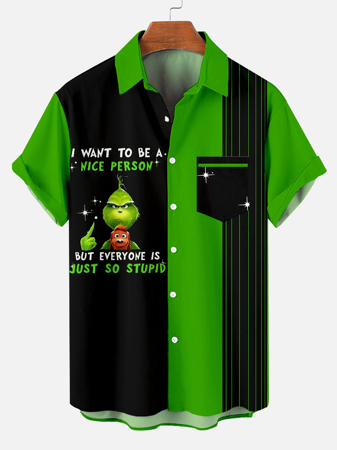 Men's Green Furry Christmas Fun Slogan Contrast Striped Short Sleeve Shirt