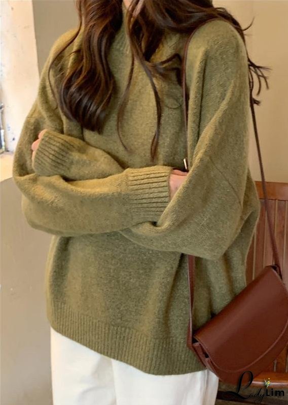 Comfy Fall Green Sweater Tops Plus Size High Neck Knit Blouse