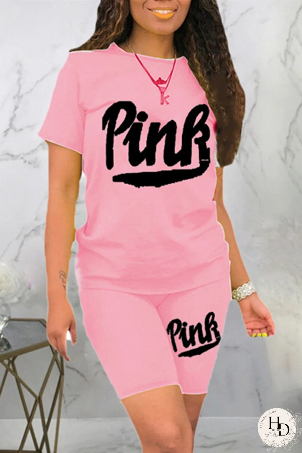 Black Fashion Casual Letter Print Basic O Neck Short Sleeve Two Pieces