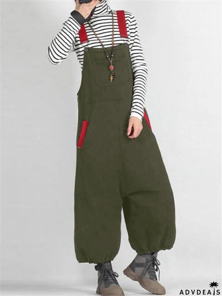 Casual Style Side Pocket Elastic Cuff Strappy Overalls