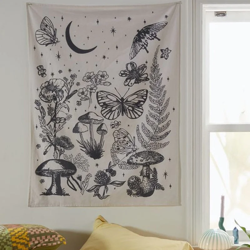 Mushroom Butterfly Tapestry Wall Hanging Butterfly Floral Vintage Wall Tapestry Witchcraft Hippie Butterfuly Wall Carpet Decor