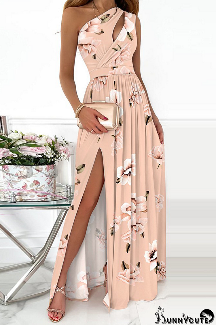 Light Apricot Fashion Patchwork Slit One Shoulder Waist Skirt Dresses