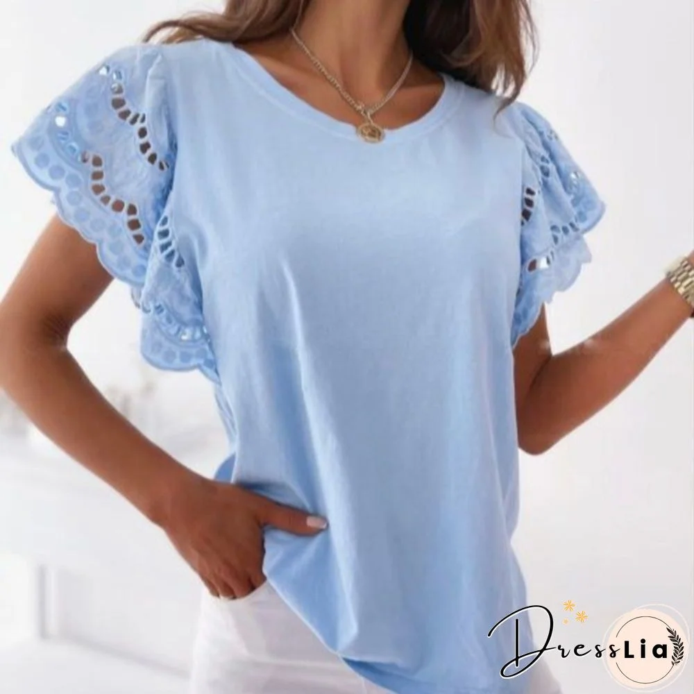 Women's Clothing Summer Women Hollow Out Stitching T-Shirt Casual O-Neck Ruffle Short Sleeve Top Elegant White Black