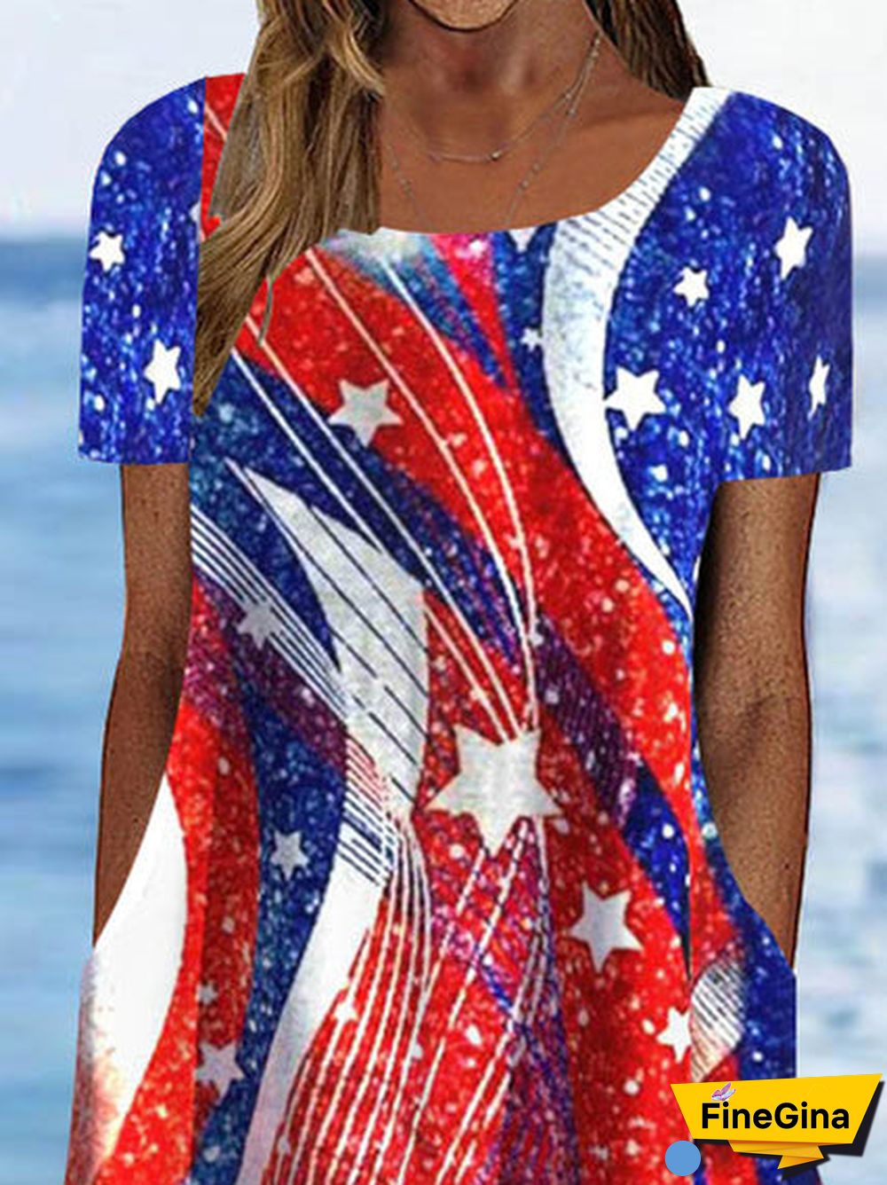 Women's Short Sleeve Scoop Neck Graphic National Flag Pockets Midi Dress
