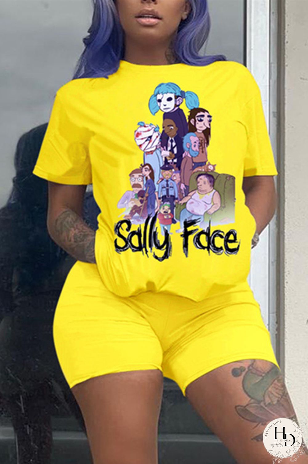 Yellow Fashion Casual Printed Short Sleeve Top Set