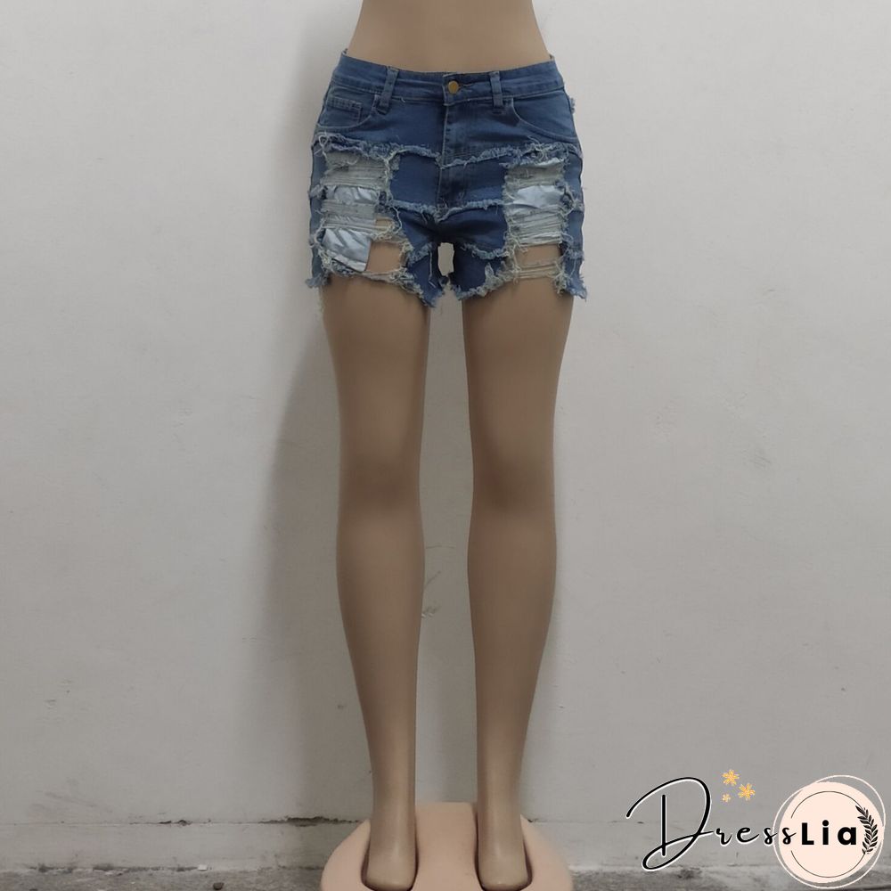 Summer Sexy Patchwork Women Ripped High Waist Holes Stretch Streetwear Plus Size Denim