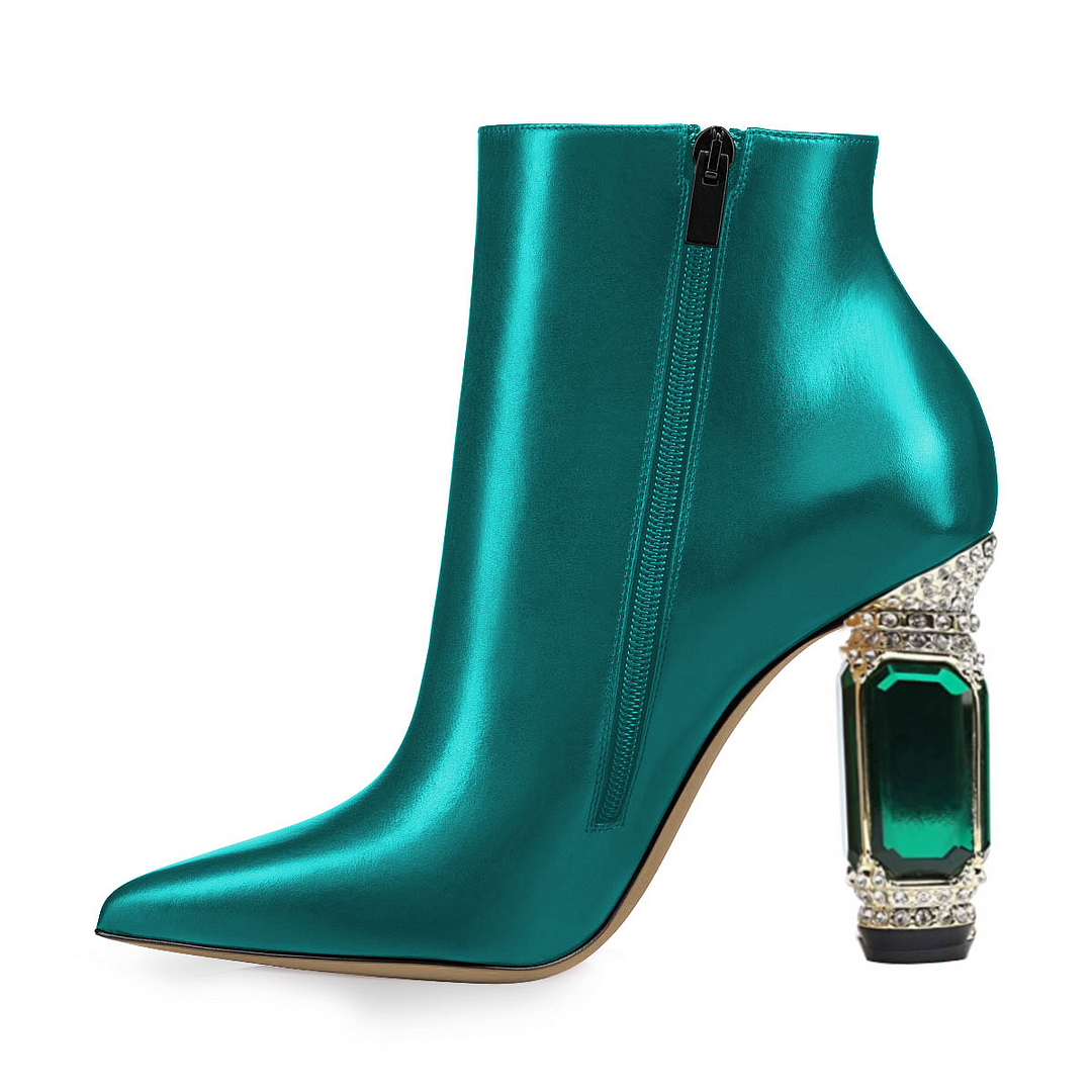 Light Green Pointed Toe Zipper Ankle Boots Decorative Heels Nicepairs