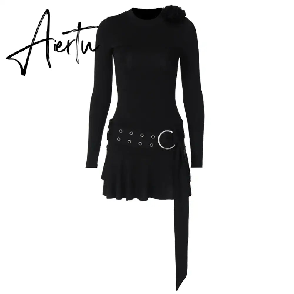 Korean Ruffles Short Dress Autumn Spring Long Sleeve O Neck 3D Flower Decorated Pleated Mini Dress with Belt Vintage Streetwear Aiertu