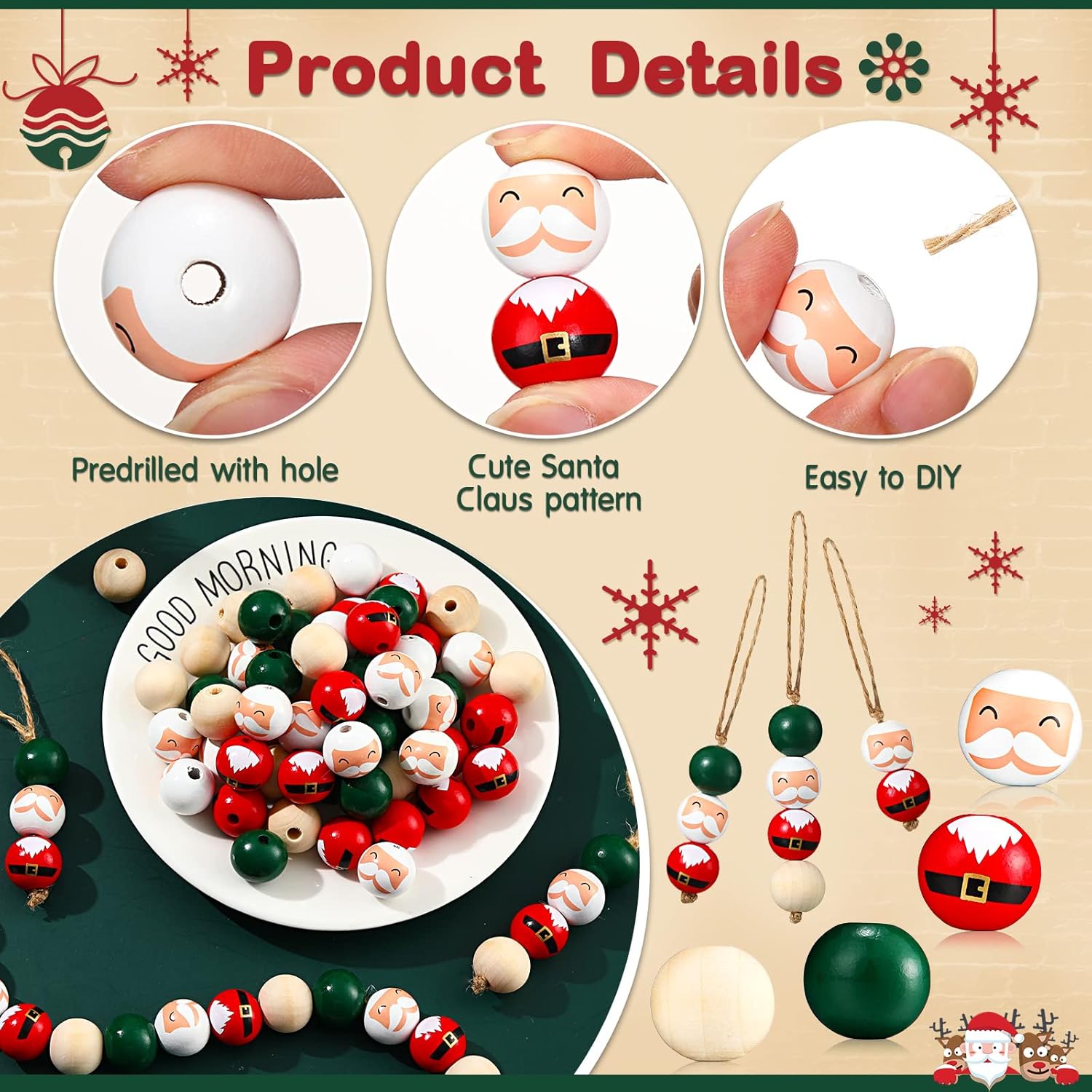 Tegooe Christmas DIY Wooden Bead Kit - Snowman Pine Pattern Beads Assorted Sizes