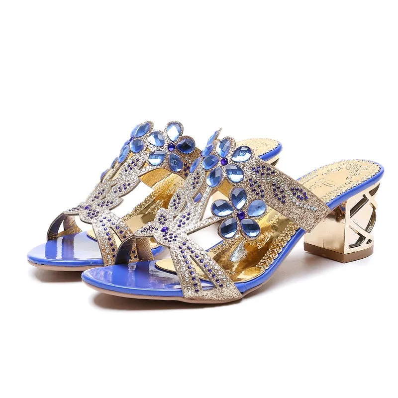 Lucyever Women Sandals Summer Open Toe Slippers Fashion Rhinestone Thick High-heeled Shoes Woman Bohemia Beach Flip Flops