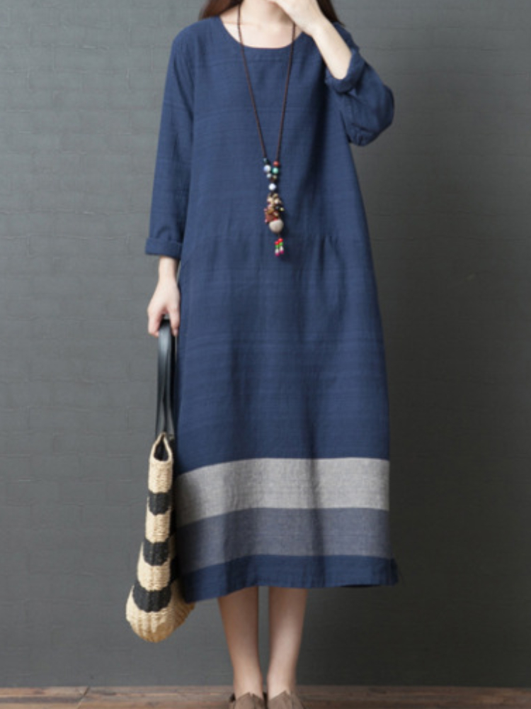 Contrast Stripe Round Neck Long Sleeve Midi Dress wearshes