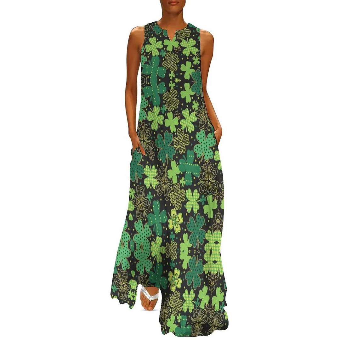 Style & Comfort for Mature Women Plus Size Printed Sleeveless Casual Women Maxi Dress with Pockets in Pattern St. Patrick's Day, Green, Clover, Lucky