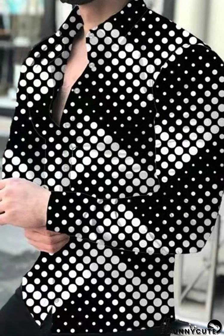 Black White Fashion Street Print Polka Dot Split Joint Buckle Turndown Collar Tops