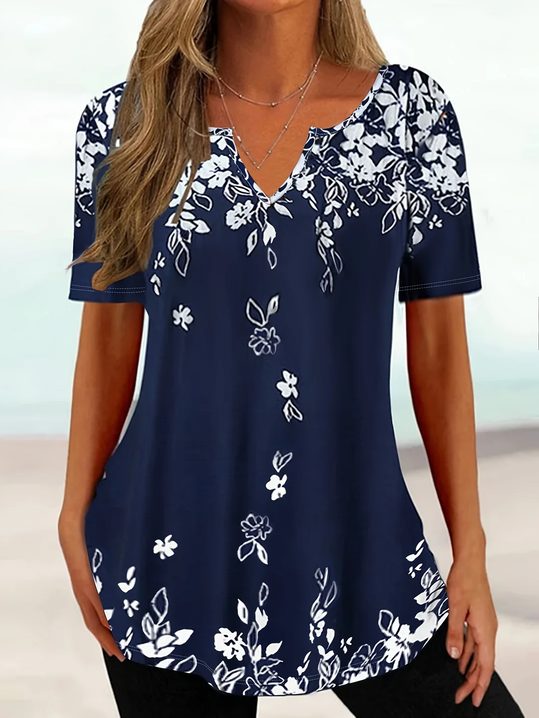 Women's Floral Blouse - Navy Blue & White Floral Print, Relaxed Fit Short Sleeve Top For Vacation, Everyday & Formal Events - Machine Washable Women's Shirt, Floral Print Blouse, Vacation Apparel, Nontransparent Material | IFYHOME