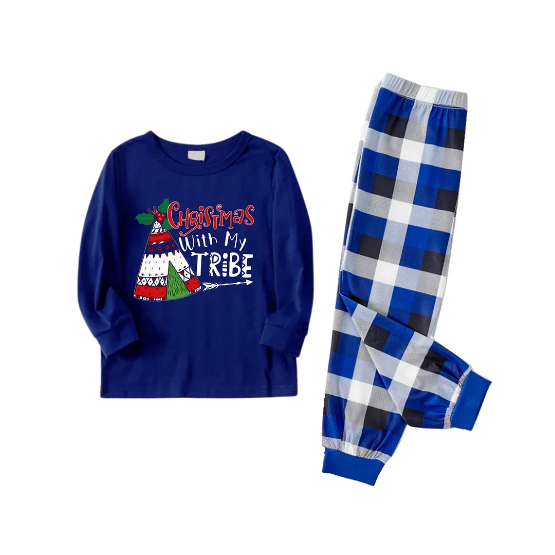 "Christmas With My Tribe" Text Printed Blue and White Plaid Family Matching Pajamas