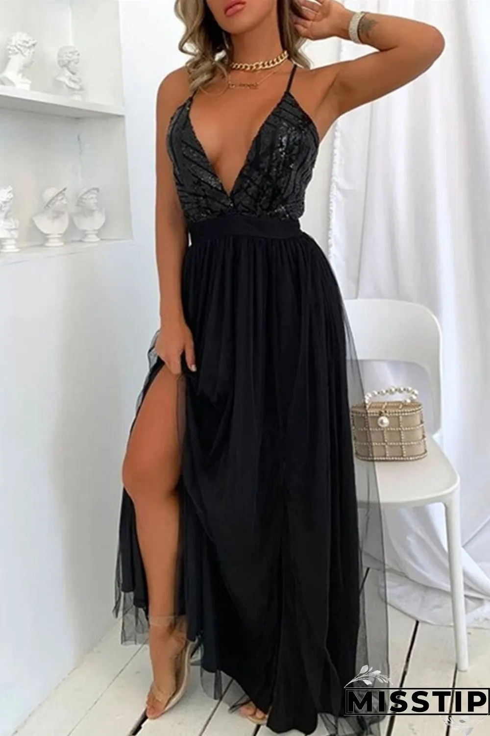 Burgundy Sexy Patchwork Sequins Backless Spaghetti Strap Long Dress