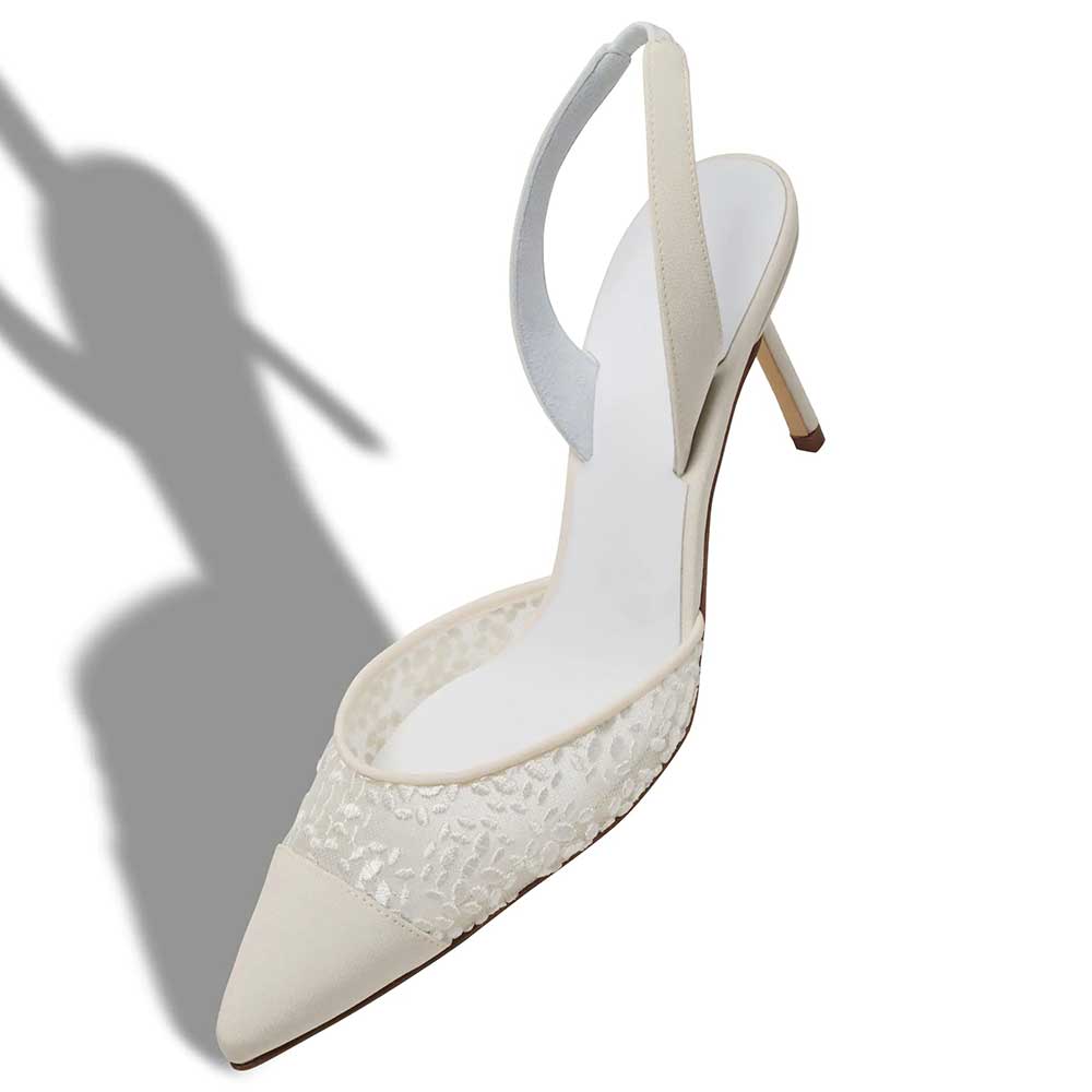 White Floral Lace Pointed Toe Slingback Pumps with Stiletto Heel Nicepairs