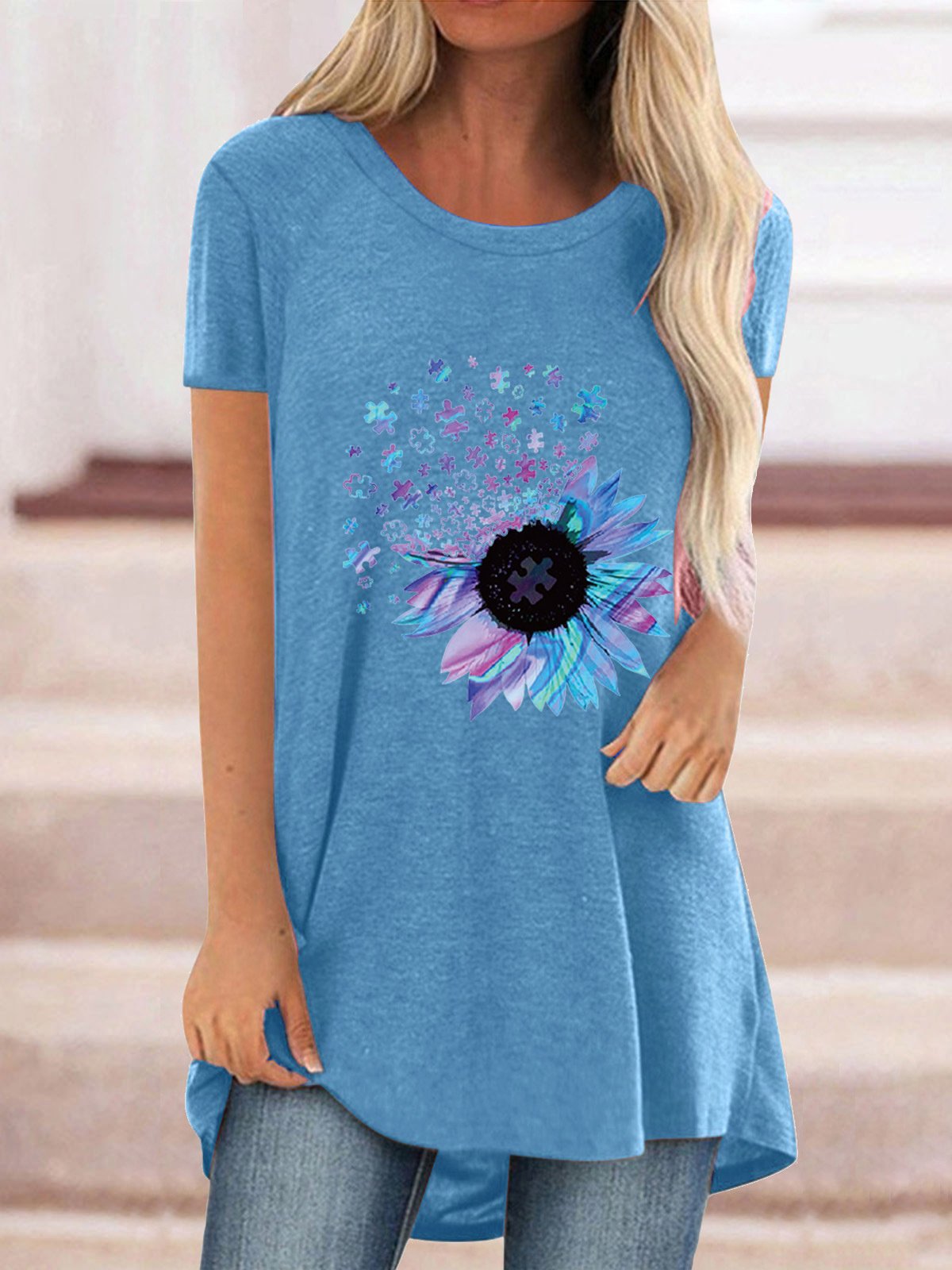 Women Casual Short Sleeve Scoop Neck Sunflower Floral Printed Tops