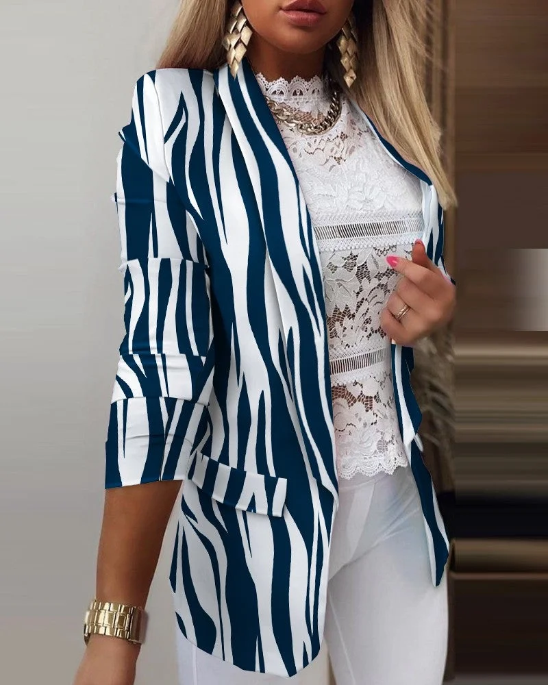 Zebra Stripe Shawl Collar Long Sleeve Flap Detail Blazer