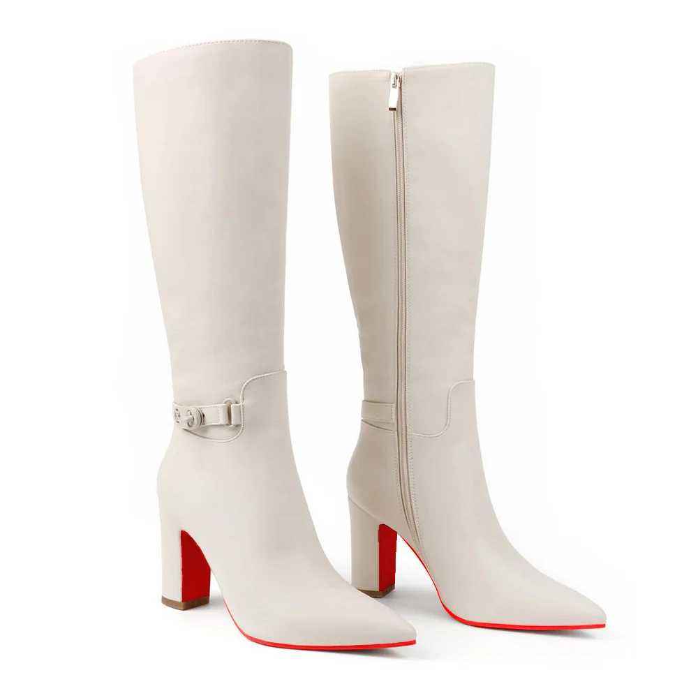 3.35" Women's Knee Red Bottom Boots Block Chunky Heels Zipper Fashion Sexy Boot-MERUMOTE