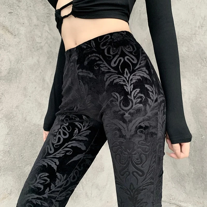 InsGoth Retro Gothic Print Black Pants Goth Harajuku High Waist Flared Pants Women High Street Punk High Waist Women Trousers